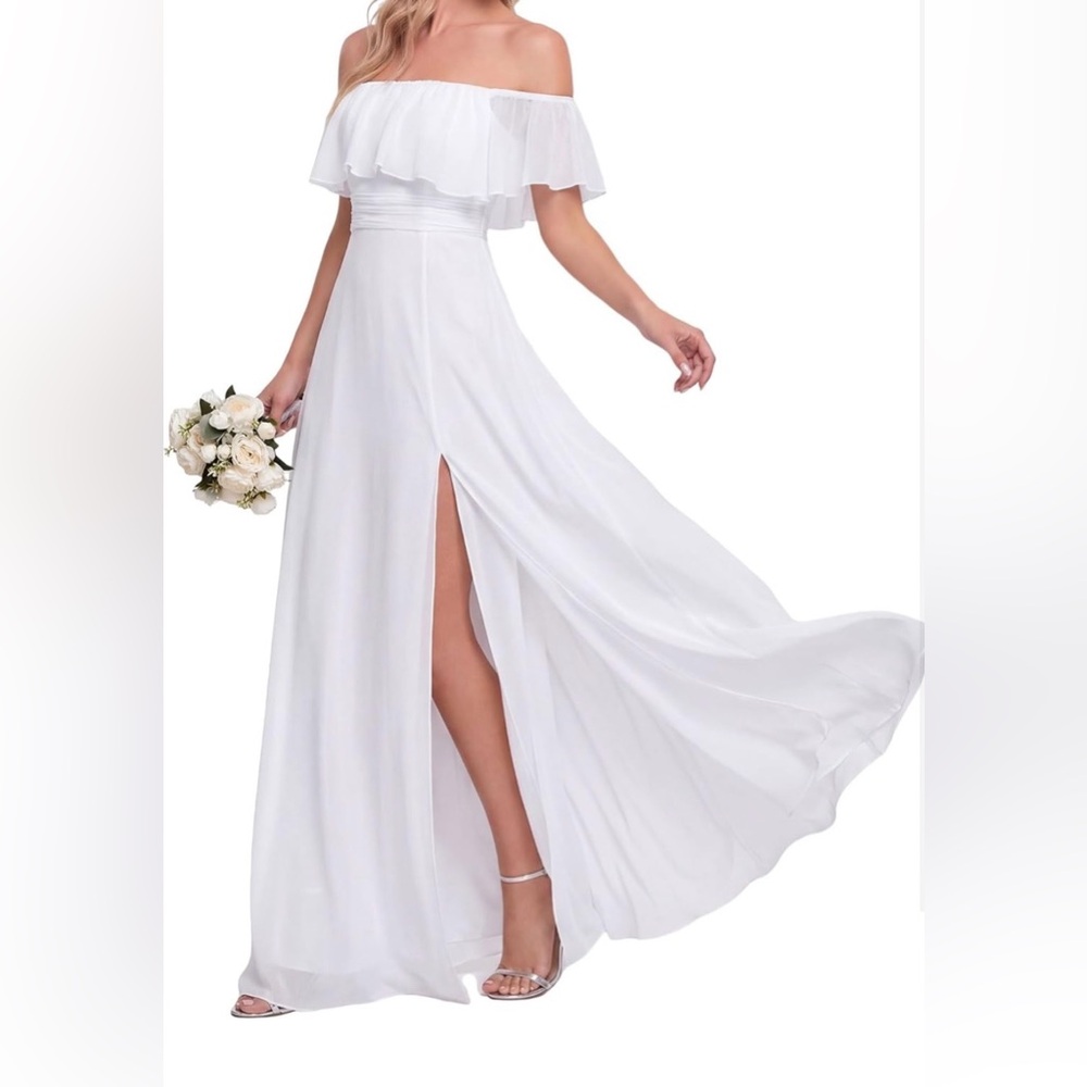 Ever Pretty White One-Shoulder Ruffle Maxi Dress with Front Slit